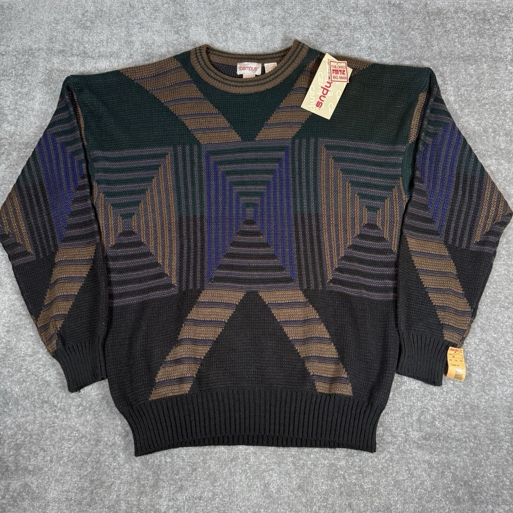 NWT VTG Campus Sweater Men's 3X Big Brown Blue Long Sleeve Geometric Crew Neck‎